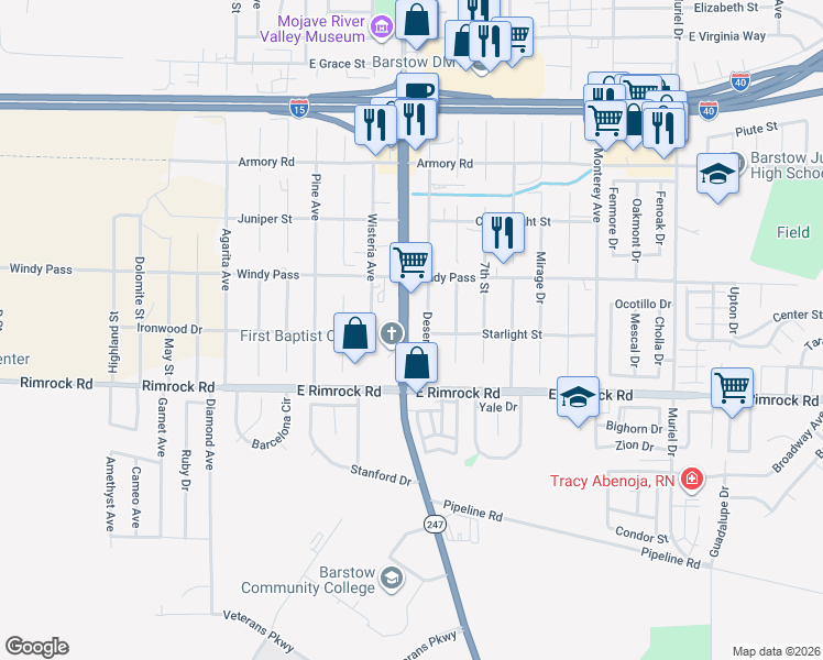 map of restaurants, bars, coffee shops, grocery stores, and more near 1251 California 247 in Barstow