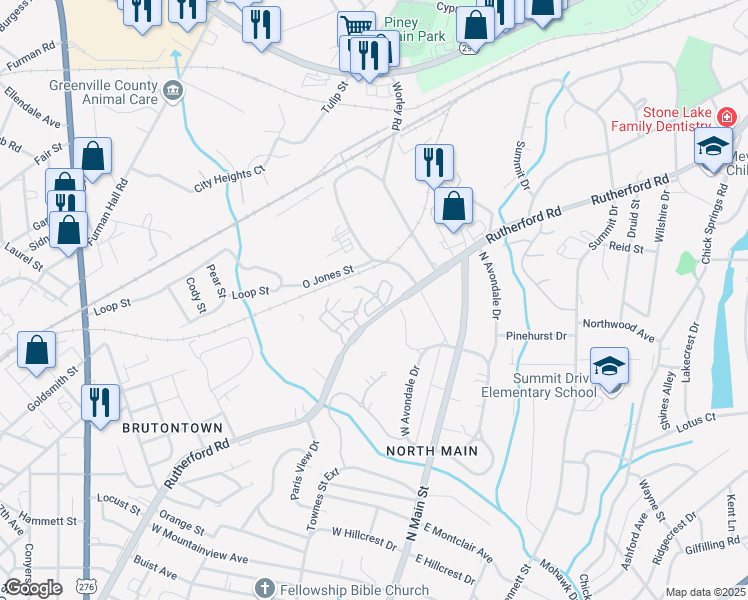 map of restaurants, bars, coffee shops, grocery stores, and more near 669 Rutherford Road in Greenville