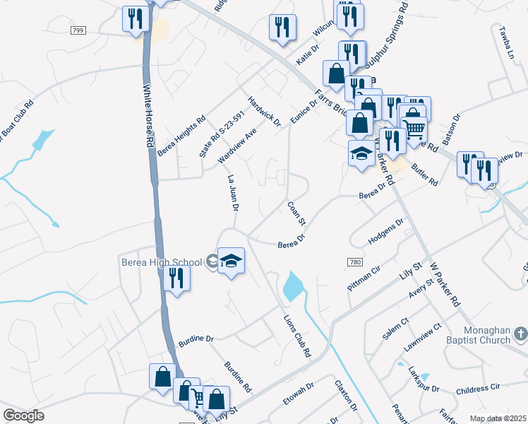 map of restaurants, bars, coffee shops, grocery stores, and more near 11 Randwood Court in Greenville