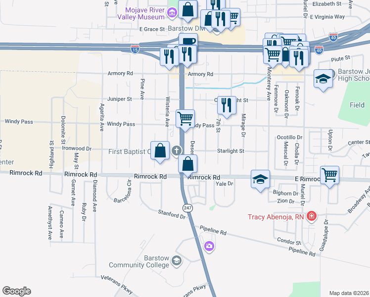 map of restaurants, bars, coffee shops, grocery stores, and more near 1271 Barstow Road in Barstow