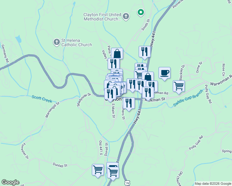 map of restaurants, bars, coffee shops, grocery stores, and more near 67 Oak Crescent Circle in Clayton