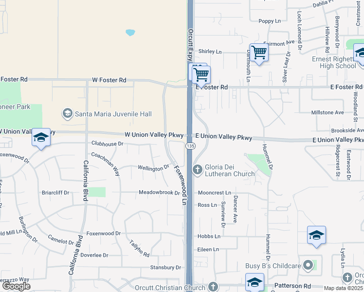map of restaurants, bars, coffee shops, grocery stores, and more near 4302 Foxenwood Circle in Santa Maria