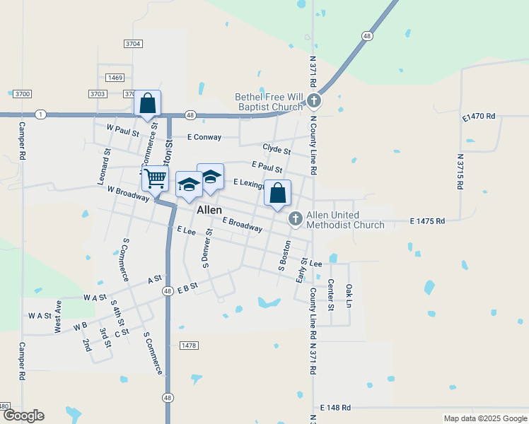 map of restaurants, bars, coffee shops, grocery stores, and more near 201 North Baltimore Street in Allen