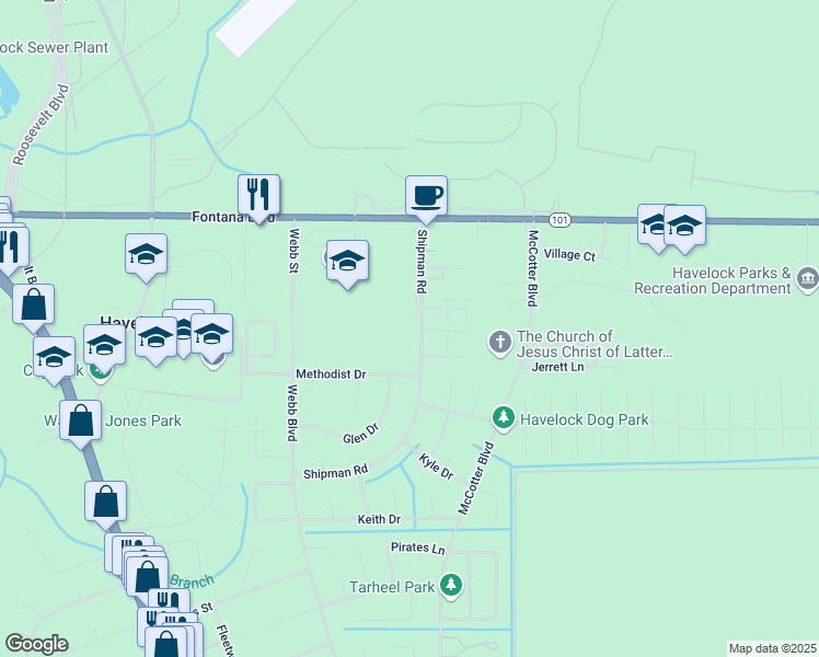 map of restaurants, bars, coffee shops, grocery stores, and more near 210 Shipman Road in Havelock
