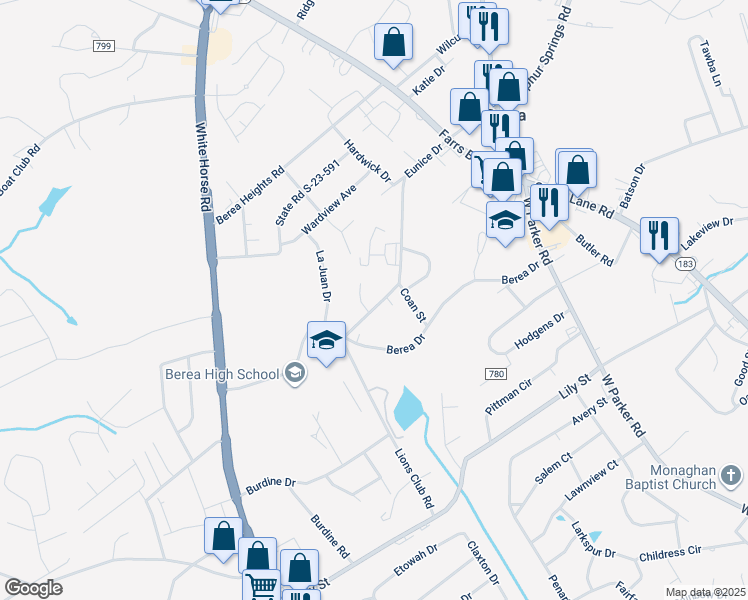 map of restaurants, bars, coffee shops, grocery stores, and more near 987 Eunice Drive in Greenville