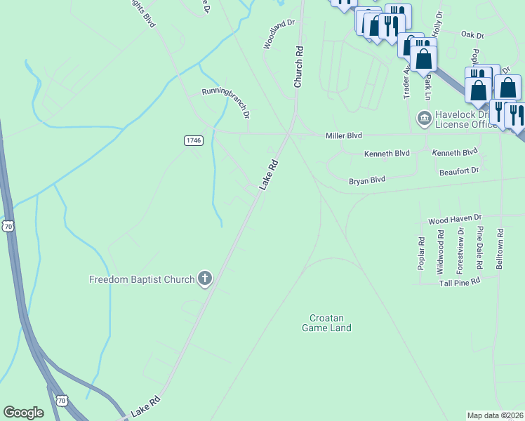 map of restaurants, bars, coffee shops, grocery stores, and more near 43 Lake Road in Havelock