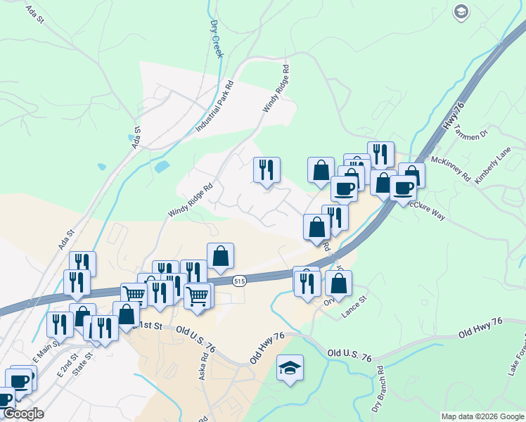 map of restaurants, bars, coffee shops, grocery stores, and more near 9 Lance Lane in Blue Ridge