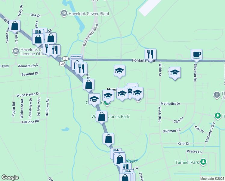 map of restaurants, bars, coffee shops, grocery stores, and more near 210 Cunningham Boulevard in Havelock