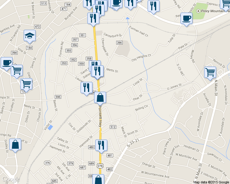 map of restaurants, bars, coffee shops, grocery stores, and more near 17 Loop Street in Greenville