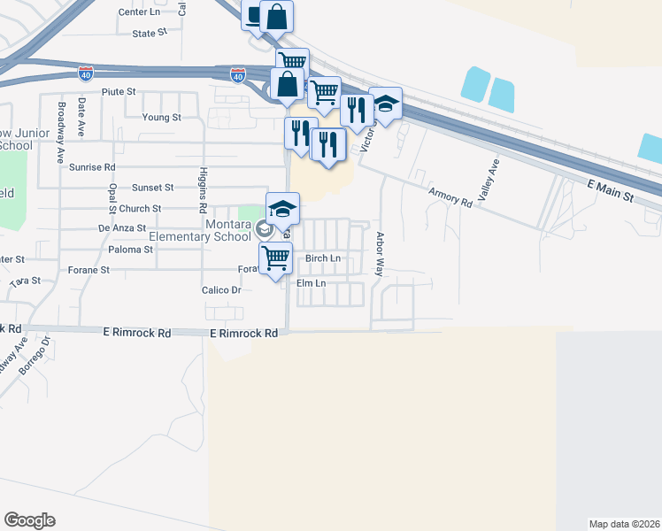 map of restaurants, bars, coffee shops, grocery stores, and more near Birch Lane in Barstow