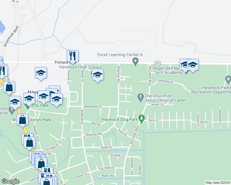 map of restaurants, bars, coffee shops, grocery stores, and more near 210 Shipman Road in Havelock