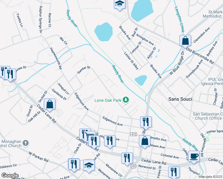 map of restaurants, bars, coffee shops, grocery stores, and more near 107 Pierre Court in Greenville