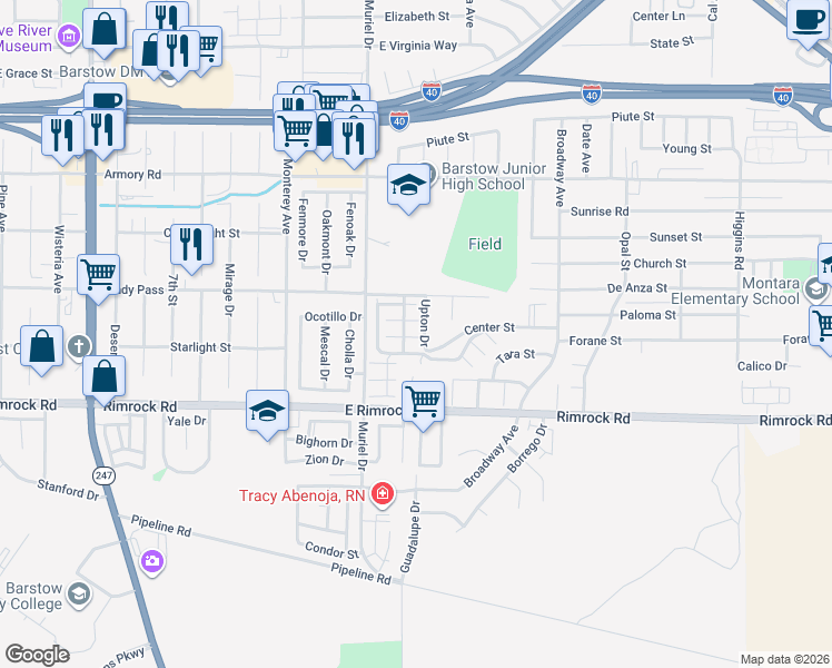 map of restaurants, bars, coffee shops, grocery stores, and more near 1000 Windy Pass in Barstow