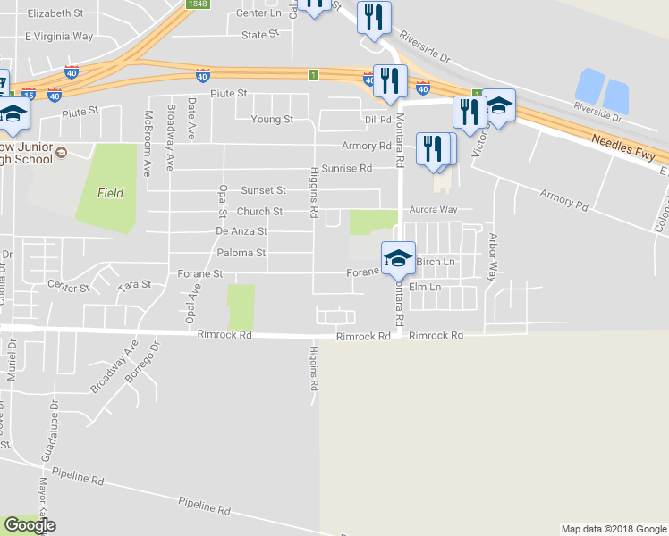 map of restaurants, bars, coffee shops, grocery stores, and more near 1821 Forane Street in Barstow