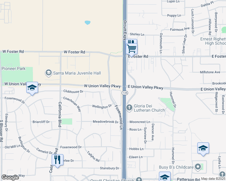 map of restaurants, bars, coffee shops, grocery stores, and more near 4302 Foxenwood Circle in Santa Maria