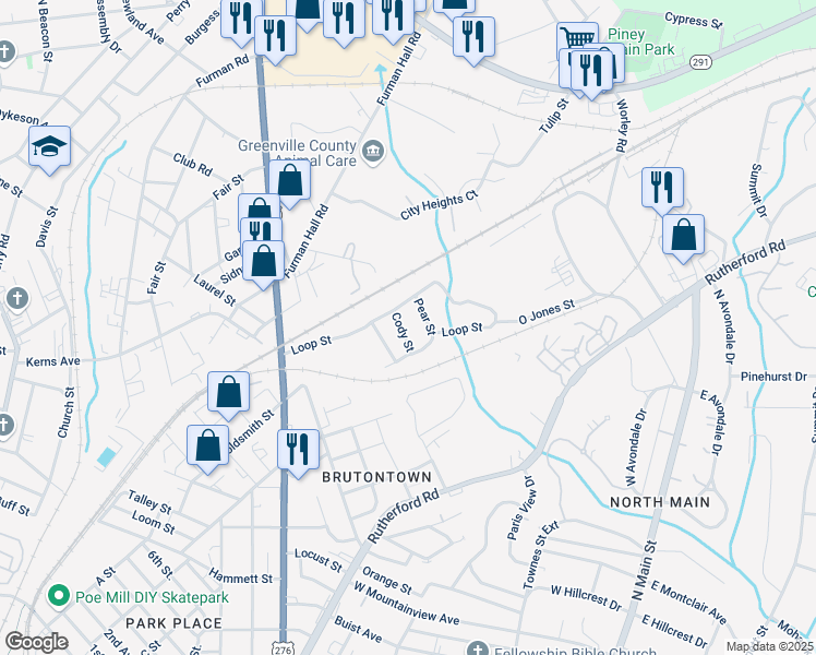 map of restaurants, bars, coffee shops, grocery stores, and more near 210 Loop Street in Greenville