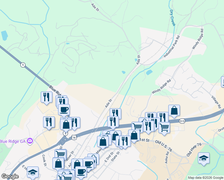 map of restaurants, bars, coffee shops, grocery stores, and more near 805 Ada Street in Blue Ridge