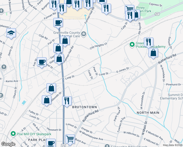 map of restaurants, bars, coffee shops, grocery stores, and more near 210 Loop Street in Greenville