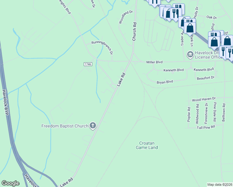 map of restaurants, bars, coffee shops, grocery stores, and more near 43 Lake Road in Havelock