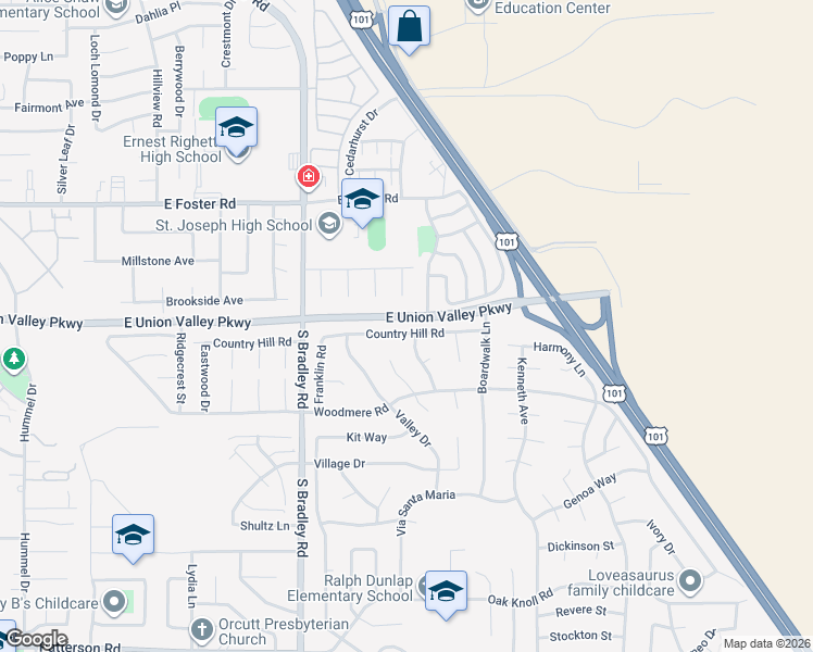 map of restaurants, bars, coffee shops, grocery stores, and more near 1289 Country Hill Road in Santa Maria