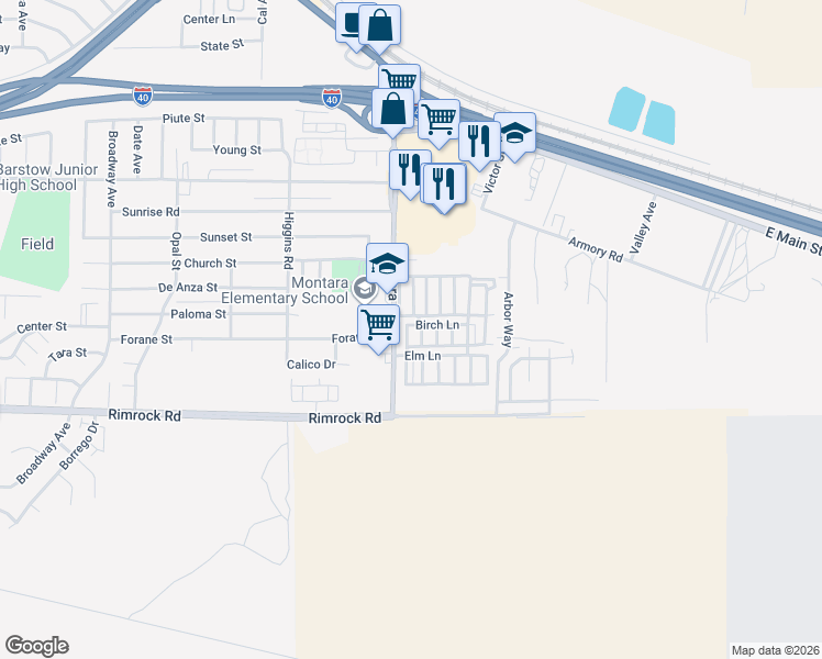 map of restaurants, bars, coffee shops, grocery stores, and more near 701 Montara Road in Barstow