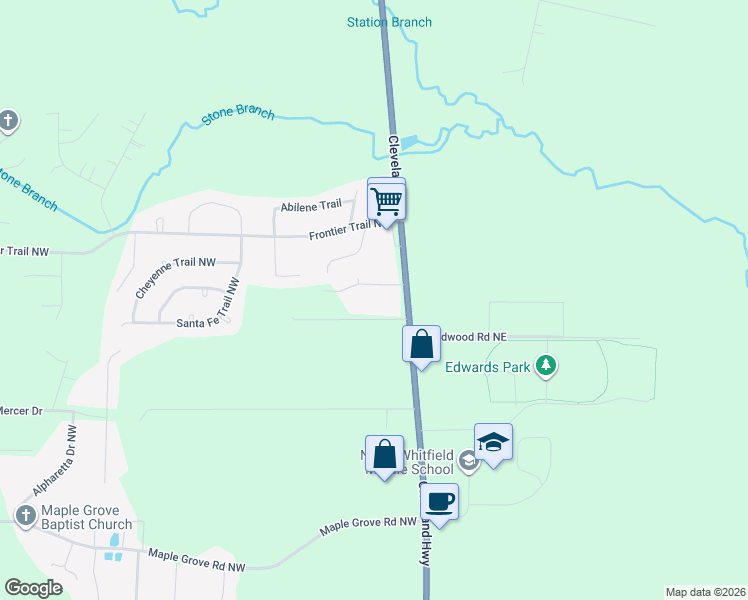 map of restaurants, bars, coffee shops, grocery stores, and more near 103 Barbara Ruth Drive Northwest in Dalton