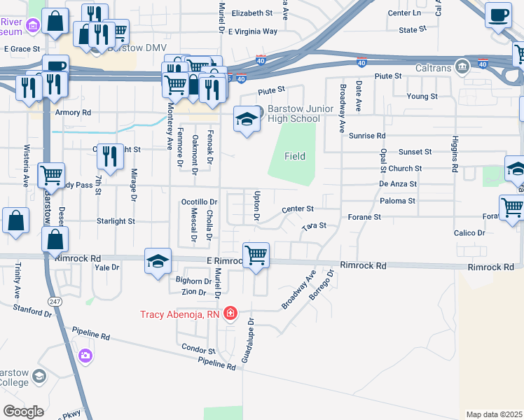 map of restaurants, bars, coffee shops, grocery stores, and more near 730 Karen Court in Barstow