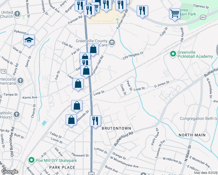map of restaurants, bars, coffee shops, grocery stores, and more near 17 Loop Street in Greenville