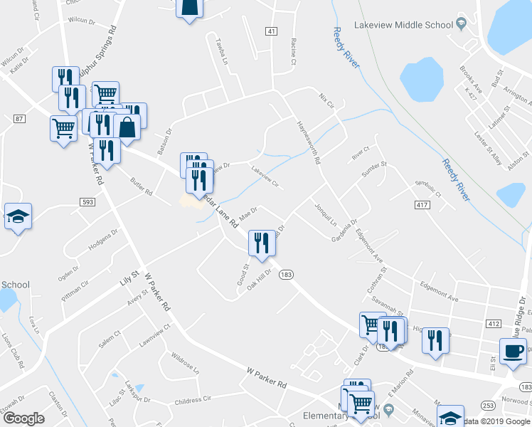 map of restaurants, bars, coffee shops, grocery stores, and more near 32 Mae Drive in Greenville