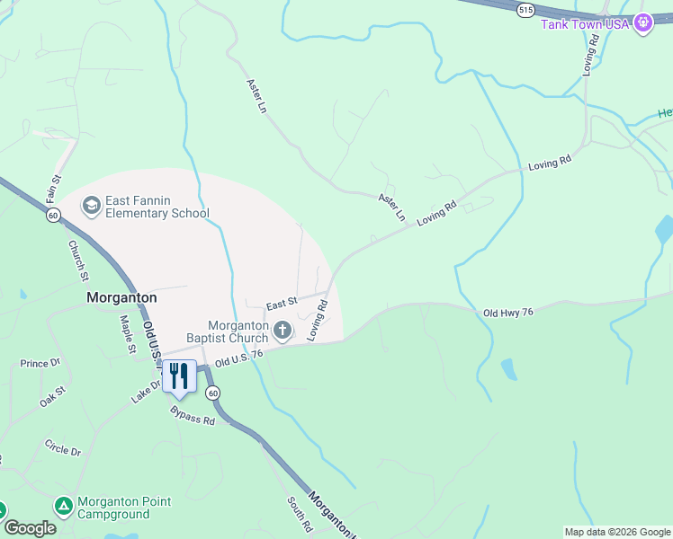 map of restaurants, bars, coffee shops, grocery stores, and more near 119 Loving Road in Morganton