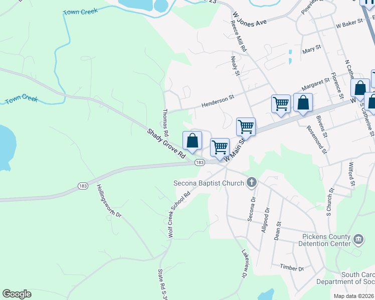 map of restaurants, bars, coffee shops, grocery stores, and more near 106 Durham Mill Road in Pickens