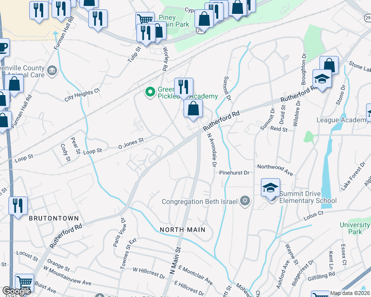 map of restaurants, bars, coffee shops, grocery stores, and more near 722 Rutherford Road in Greenville