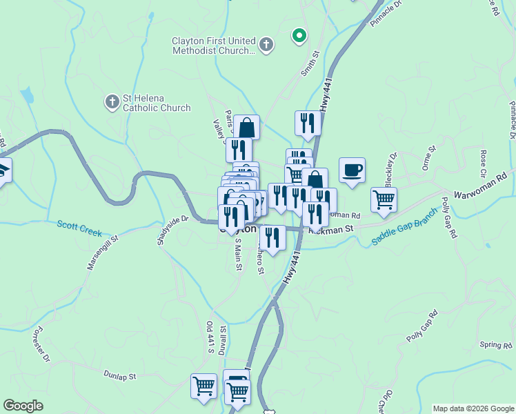 map of restaurants, bars, coffee shops, grocery stores, and more near 67-99 Oak Crescent Circle in Clayton