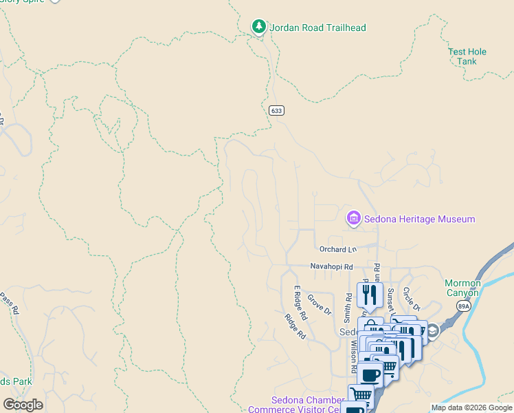 map of restaurants, bars, coffee shops, grocery stores, and more near 445 Coronado Trail in Sedona