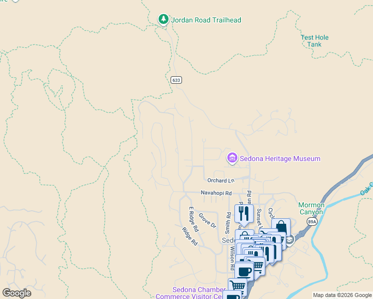 map of restaurants, bars, coffee shops, grocery stores, and more near 209 Navajo Trail in Sedona