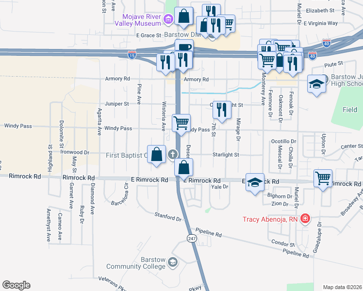 map of restaurants, bars, coffee shops, grocery stores, and more near 1251 California 247 in Barstow