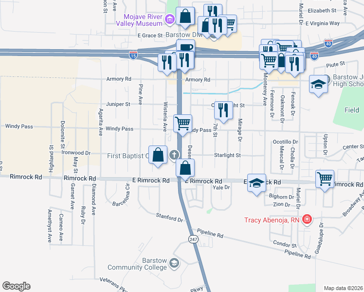 map of restaurants, bars, coffee shops, grocery stores, and more near 1251 California 247 in Barstow