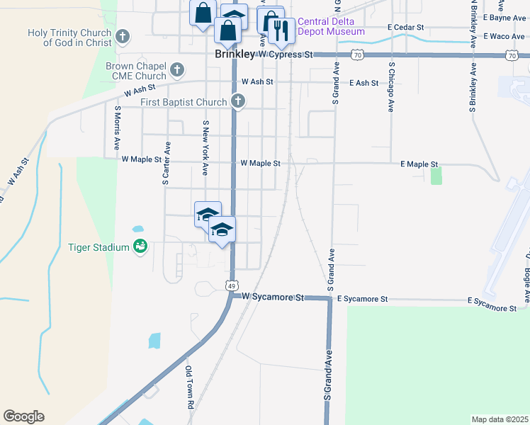 map of restaurants, bars, coffee shops, grocery stores, and more near 615 South New Orleans Avenue in Brinkley
