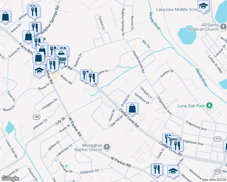 map of restaurants, bars, coffee shops, grocery stores, and more near 20 Mae Drive in Greenville