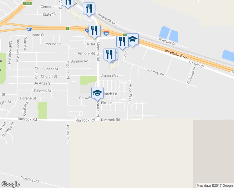 map of restaurants, bars, coffee shops, grocery stores, and more near Birch Ln in Barstow