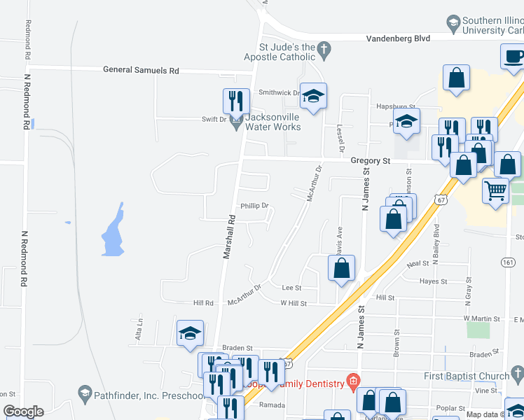 map of restaurants, bars, coffee shops, grocery stores, and more near 1505 Phillip Drive in Jacksonville