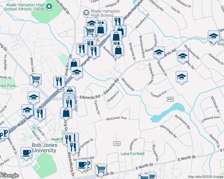 map of restaurants, bars, coffee shops, grocery stores, and more near 400 Edwards Road in Greenville