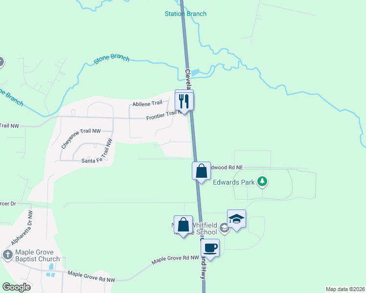 map of restaurants, bars, coffee shops, grocery stores, and more near 103 Barbara Ruth Drive Northwest in Dalton