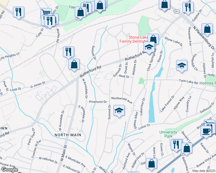 map of restaurants, bars, coffee shops, grocery stores, and more near 615 Summit Drive in Greenville