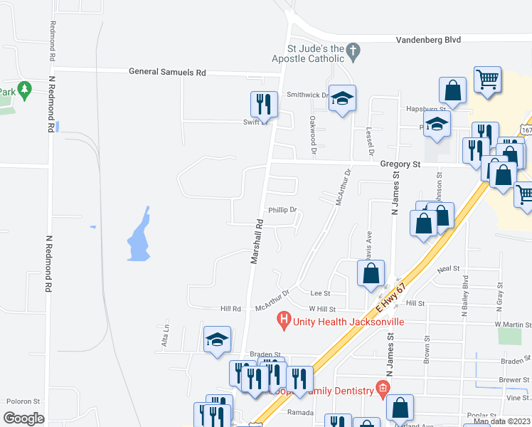 map of restaurants, bars, coffee shops, grocery stores, and more near 1531 Phillip Drive in Jacksonville
