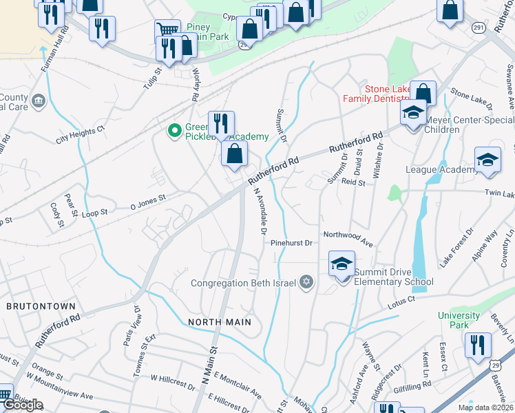 map of restaurants, bars, coffee shops, grocery stores, and more near 20 North Avondale Drive in Greenville