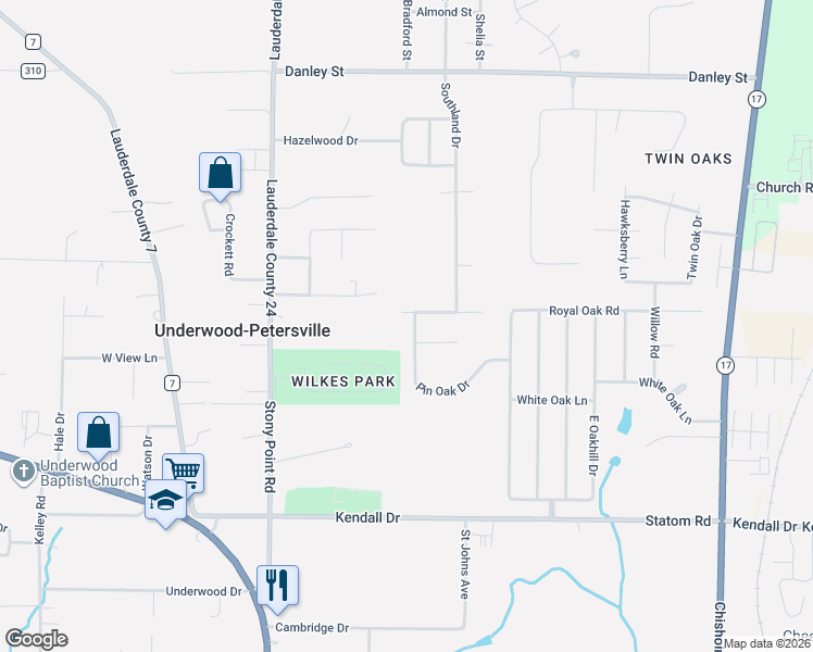 map of restaurants, bars, coffee shops, grocery stores, and more near 112-114 Pin Oak Drive in Florence