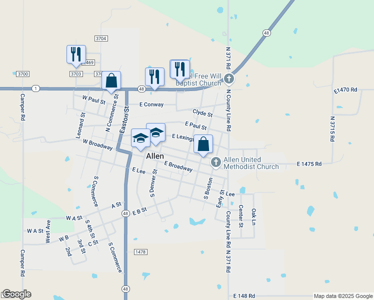 map of restaurants, bars, coffee shops, grocery stores, and more near 201 North Baltimore Street in Allen