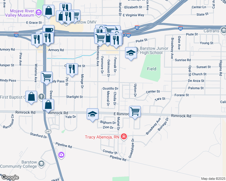 map of restaurants, bars, coffee shops, grocery stores, and more near 810 Cholla Drive in Barstow