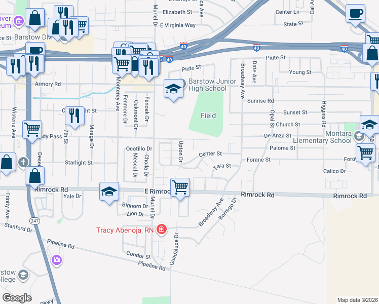 map of restaurants, bars, coffee shops, grocery stores, and more near 731 Karen Court in Barstow